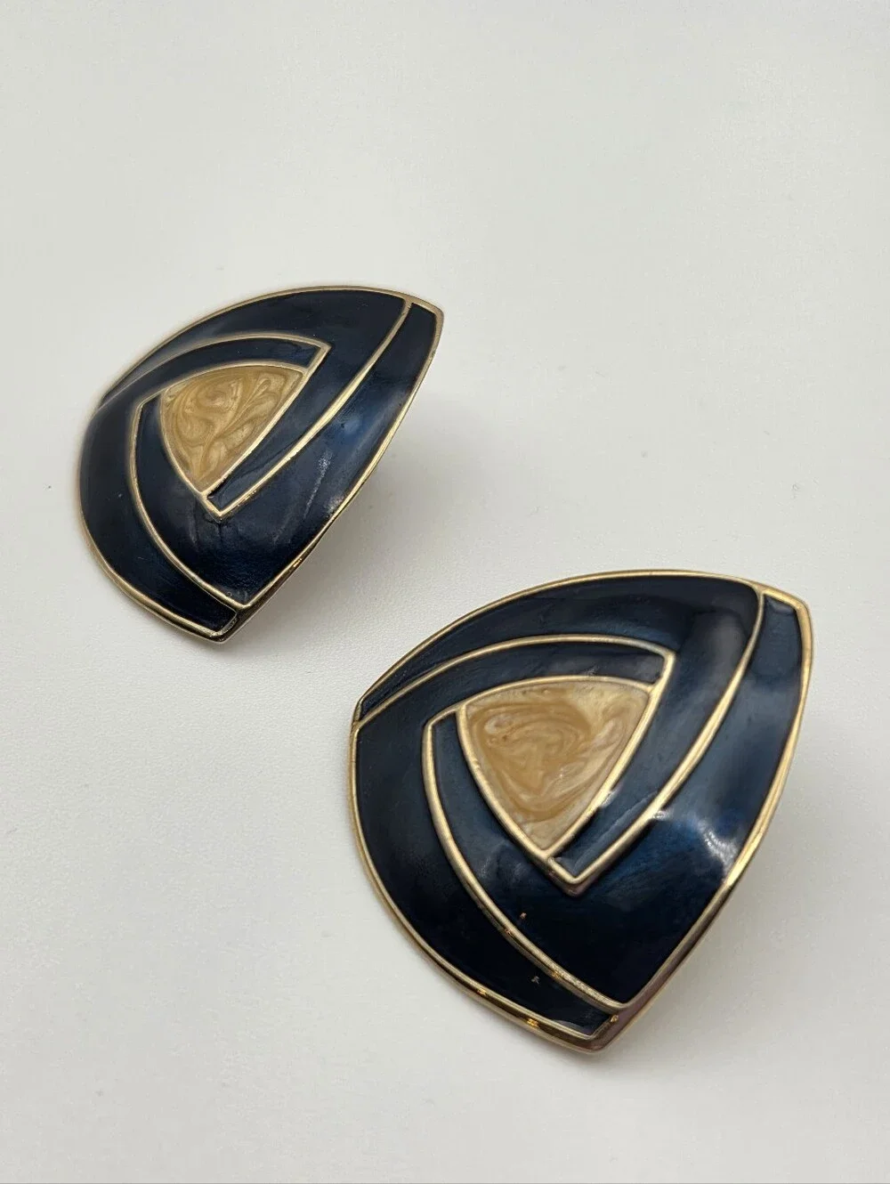 Vintage 1980s Navy & Gold Tone Geometric Statement Earrings